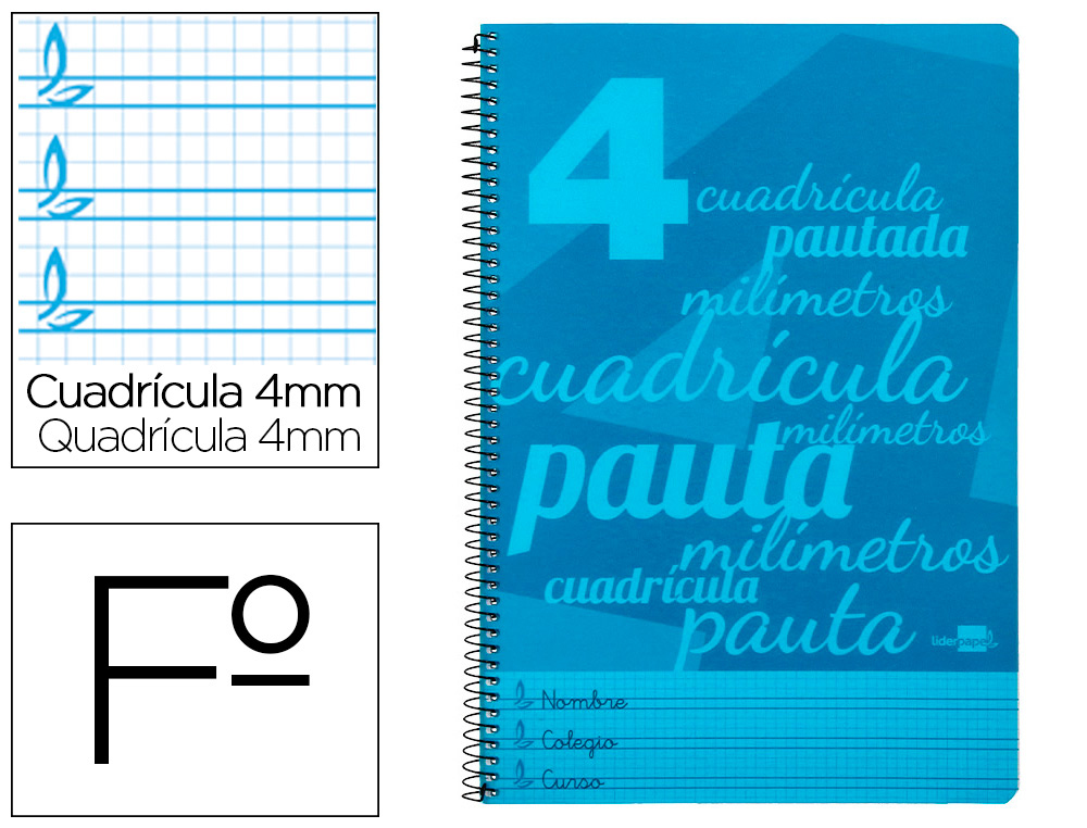 CUADERNO ESPIRAL LIDERPAPEL FOLIO PAUTAGUIA TAPA PLASTICO 80H 75GR CUADRO PAUTADO 4MM CON MARGEN COLOR AZUL