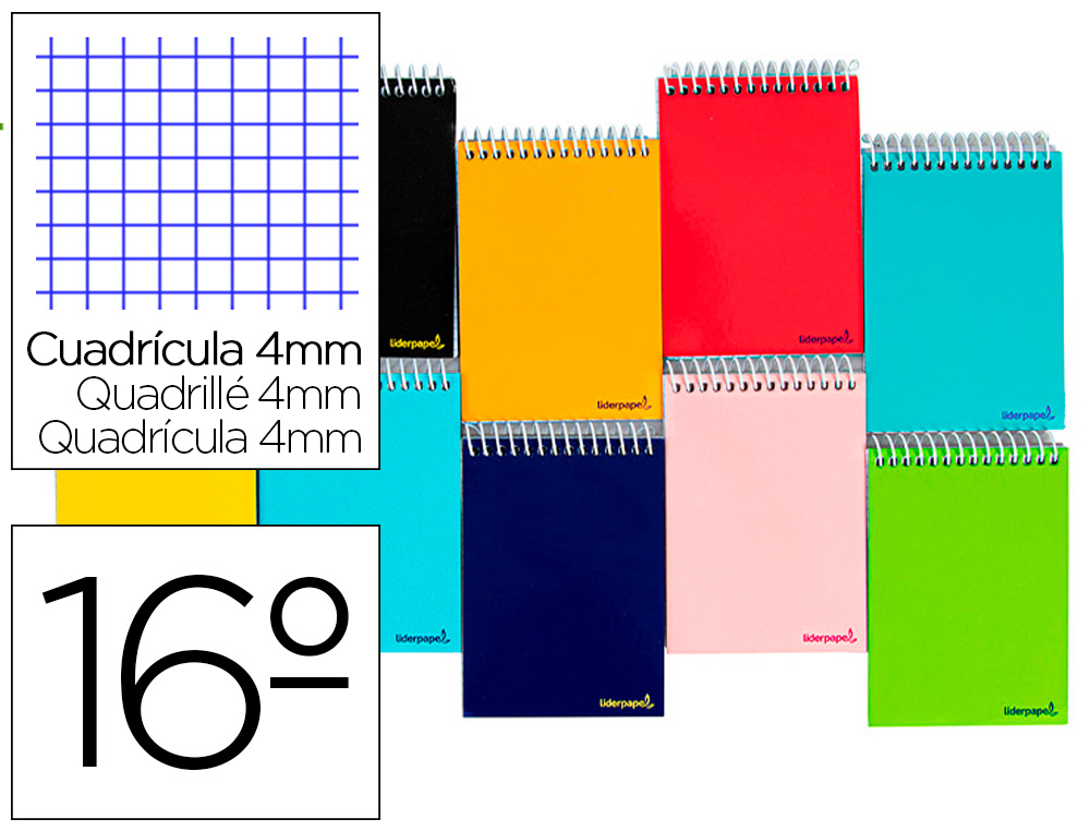 CUADERNO ESPIRAL LIDERPAPEL BOLSILLO DIECISEAVO APAISADO SMART TAPA BLANDA 80H 60GR CUADRO 4MM COLORES SURTIDOS