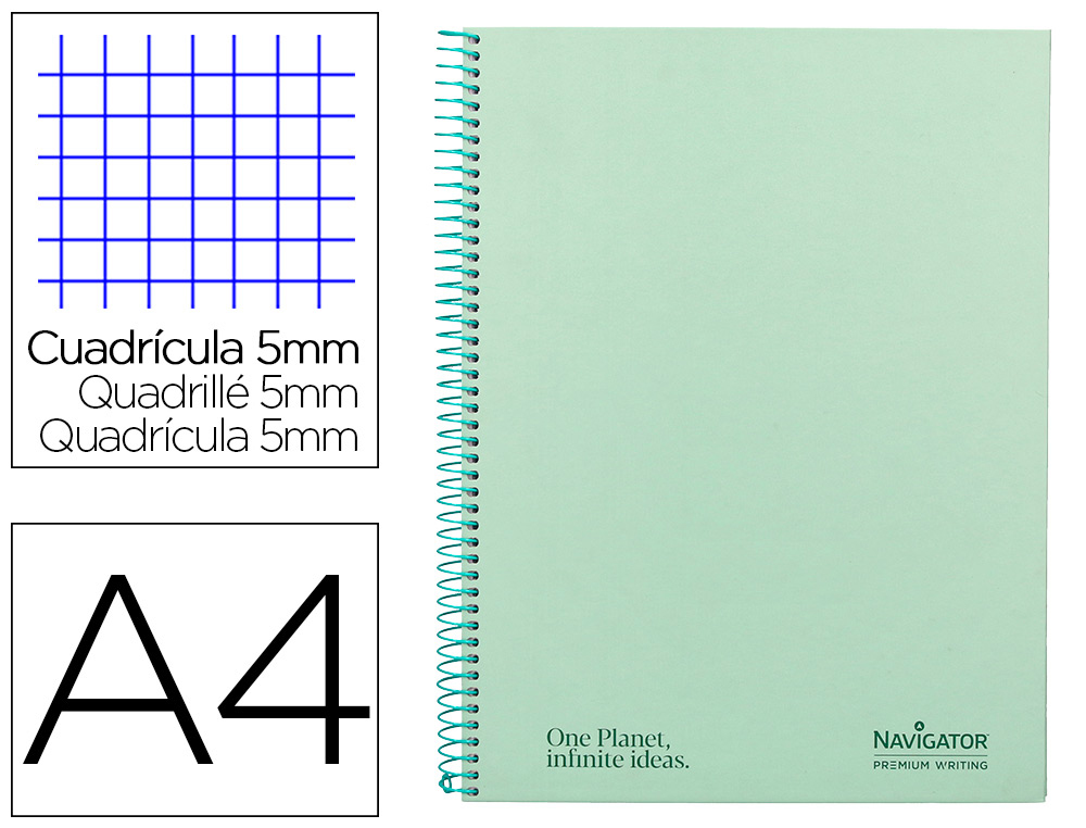 CUADERNO ESPIRAL NAVIGATOR A4 MICRO TAPA FORRADA 120H 80GR CUADRO 5MM 5 BANDAS 4 TALADROS COLOR MENTA