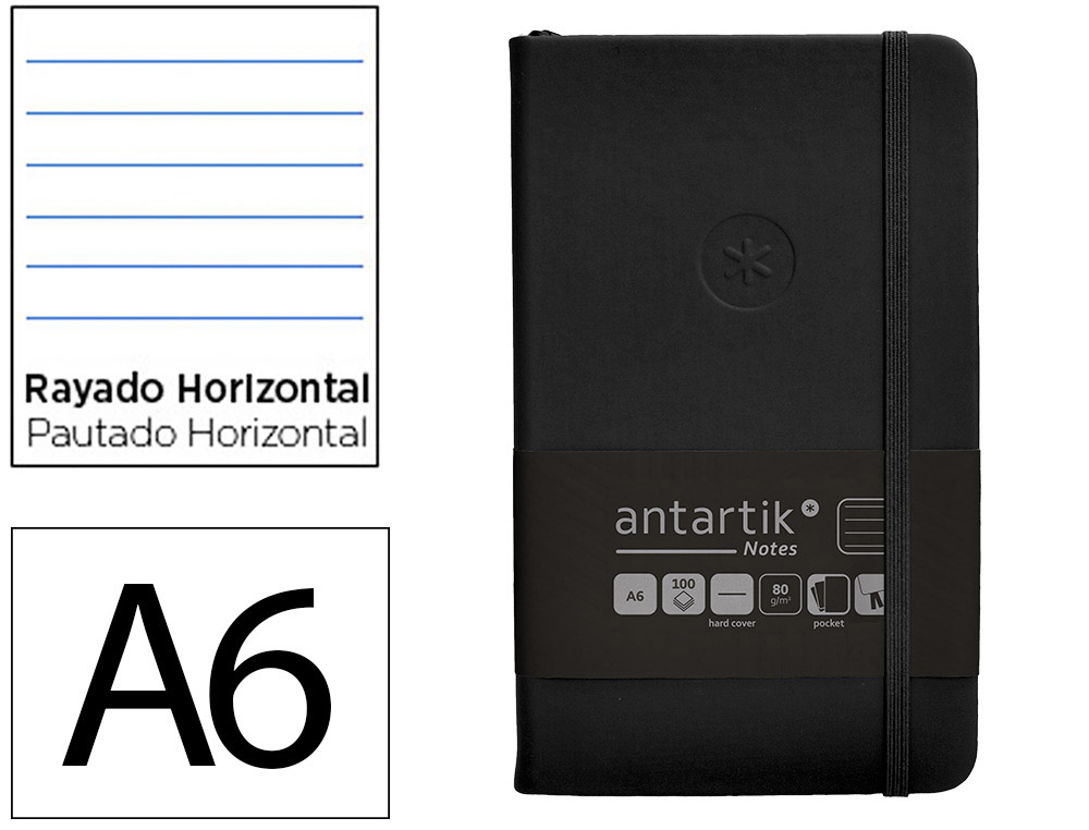 CUADERNO CON GOMILLA ANTARTIK NOTES TAPA DURA A6 HOJAS RAYAS NEGRO 100 HOJAS 80 GR FSC