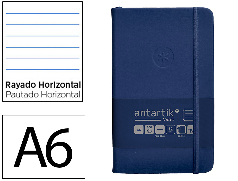 CUADERNO CON GOMILLA ANTARTIK NOTES TAPA DURA A6 HOJAS RAYAS AZUL MARINO 100 HOJAS 80 GR FSC