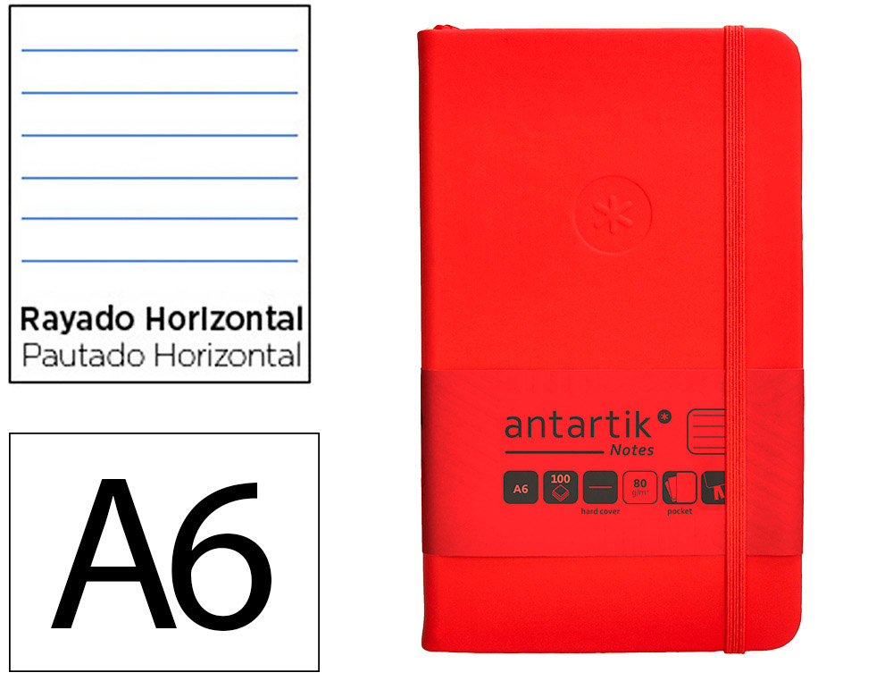 CUADERNO CON GOMILLA ANTARTIK NOTES TAPA DURA A6 HOJAS RAYAS ROJO 100 HOJAS 80 GR FSC