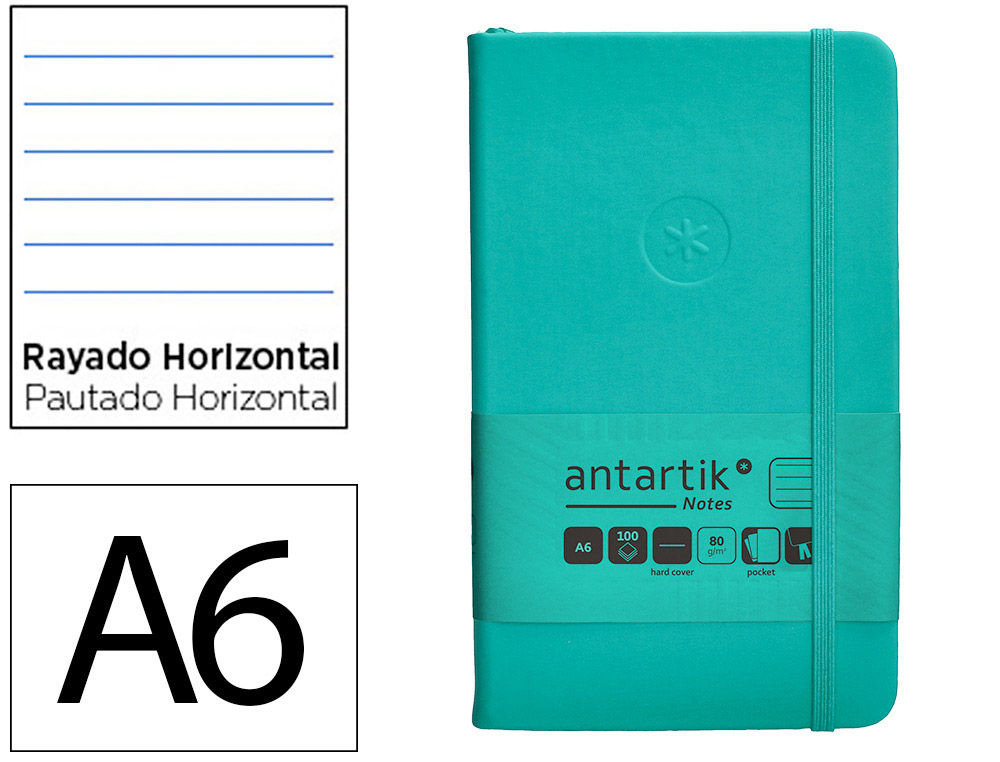 CUADERNO CON GOMILLA ANTARTIK NOTES TAPA DURA A6 HOJAS RAYAS TURQUESA 100 HOJAS 80 GR FSC