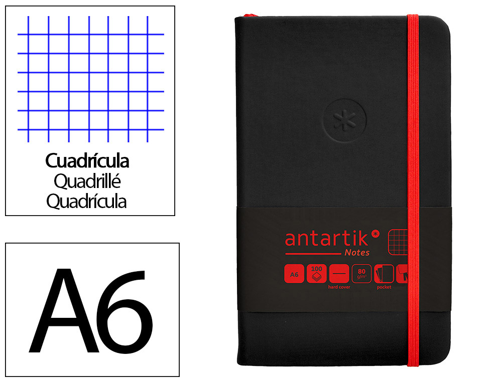 CUADERNO CON GOMILLA ANTARTIK NOTES TAPA DURA A6 HOJAS CUADRICULA NEGRO Y ROJO 100 HOJAS 80 GR FSC