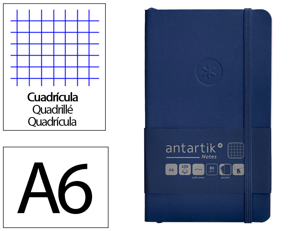 CUADERNO CON GOMILLA ANTARTIK NOTES TAPA BLANDA A6 CUADRICULA AZUL MARINO 100 HOJAS 80 GR FSC