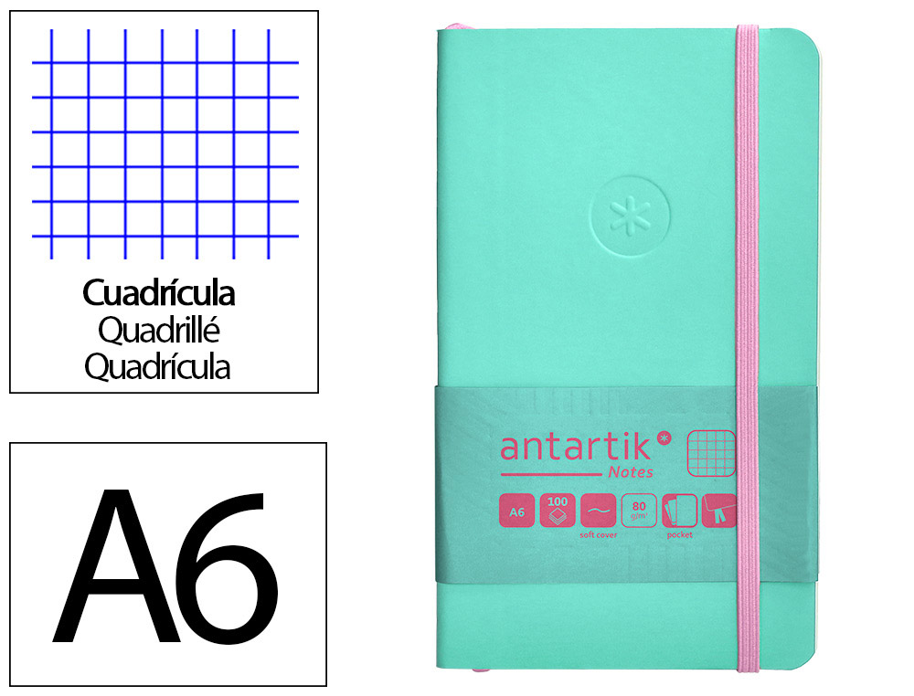 CUADERNO CON GOMILLA ANTARTIK NOTES TAPA BLANDA A6 CUADRICULA ROSA Y TURQUESA 100 HOJAS 80 GR FSC