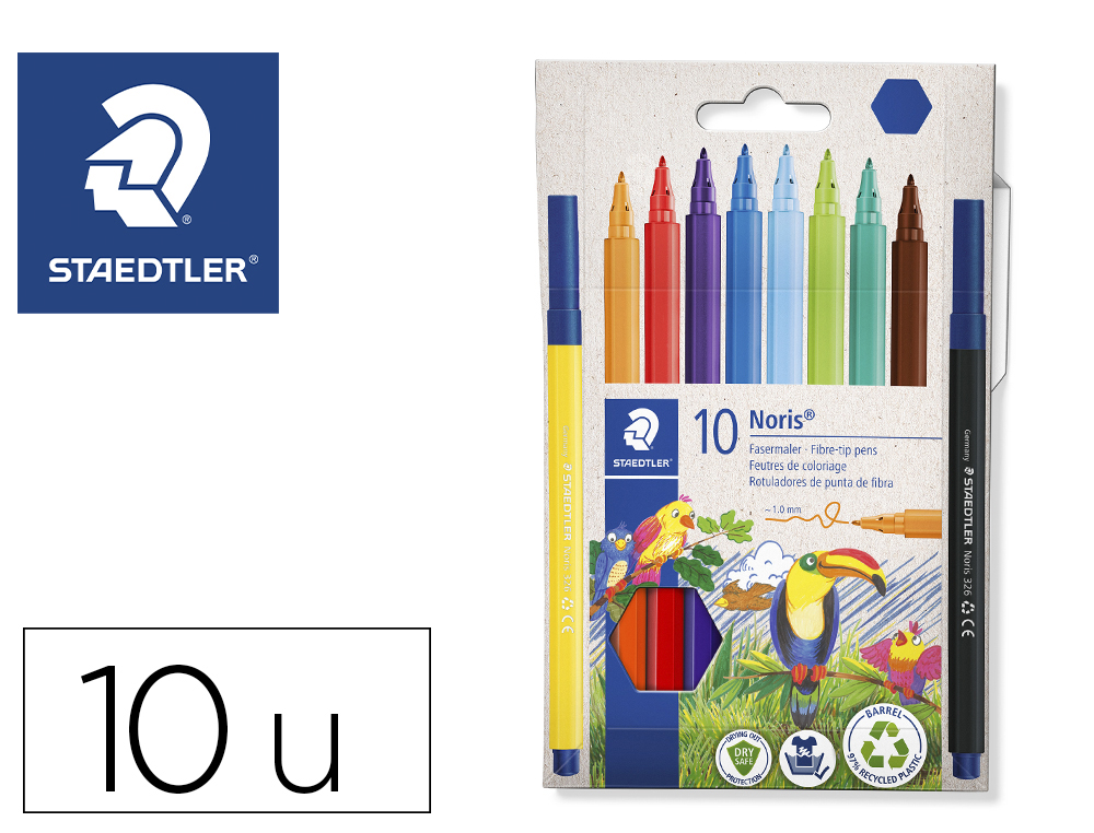 ROTULADOR STAEDTLER NORIS 326 PUNTA DE FIBRA NUEVO CUERPO HEXAGONAL CAJA DE 10 UNIDADES COLORES SURTIDOS