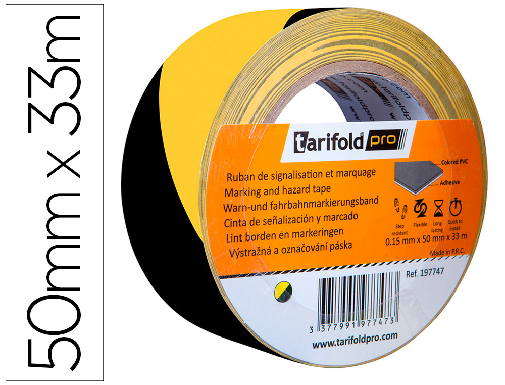 CINTA ADHESIVA TARIFOLD SEGURIDAD PARA MARCAJE Y SEALIZACION DE SUELO 33 MT X 50 MM COLOR NEGRO/AMARILLO