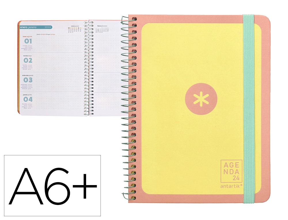 AGENDA DE OFICINA ANTARTIK A6+ 2024 SEMANA VISTA 80 GR CON SOBRE Y 3 HOJAS PEGATINAS YELLOW 130X175 MM
