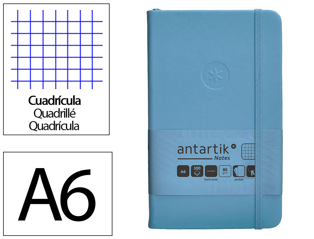 CUADERNO CON GOMILLA ANTARTIK NOTES TAPA DURA A6 HOJAS CUADRICULA AZUL CLARO 100 HOJAS 80 GR FSC