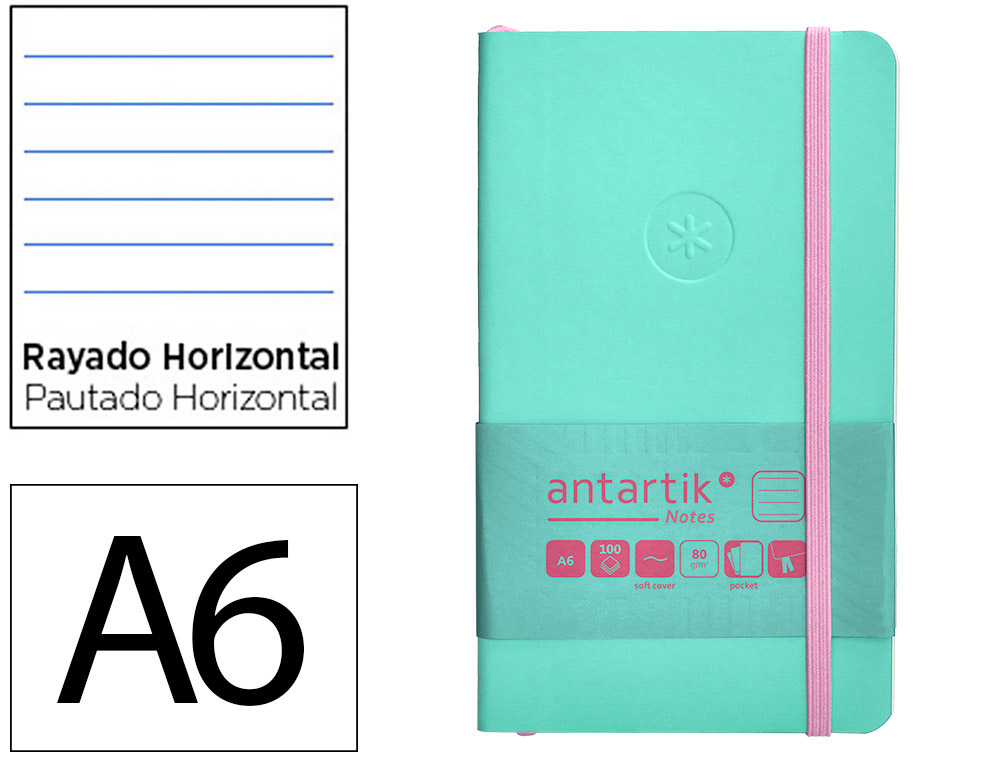 CUADERNO CON GOMILLA ANTARTIK NOTES TAPA BLANDA A6 RAYAS ROSA Y TURQUESA 100 HOJAS 80 GR FSC