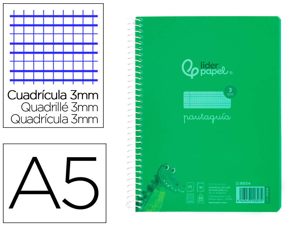 CUADERNO ESPIRAL LIDERPAPEL DIN A5 PAUTAGUIA TAPA PLASTICO 80H 90GR CUADRO PAUTADO 3 MM CON MARGEN COLOR VERDE