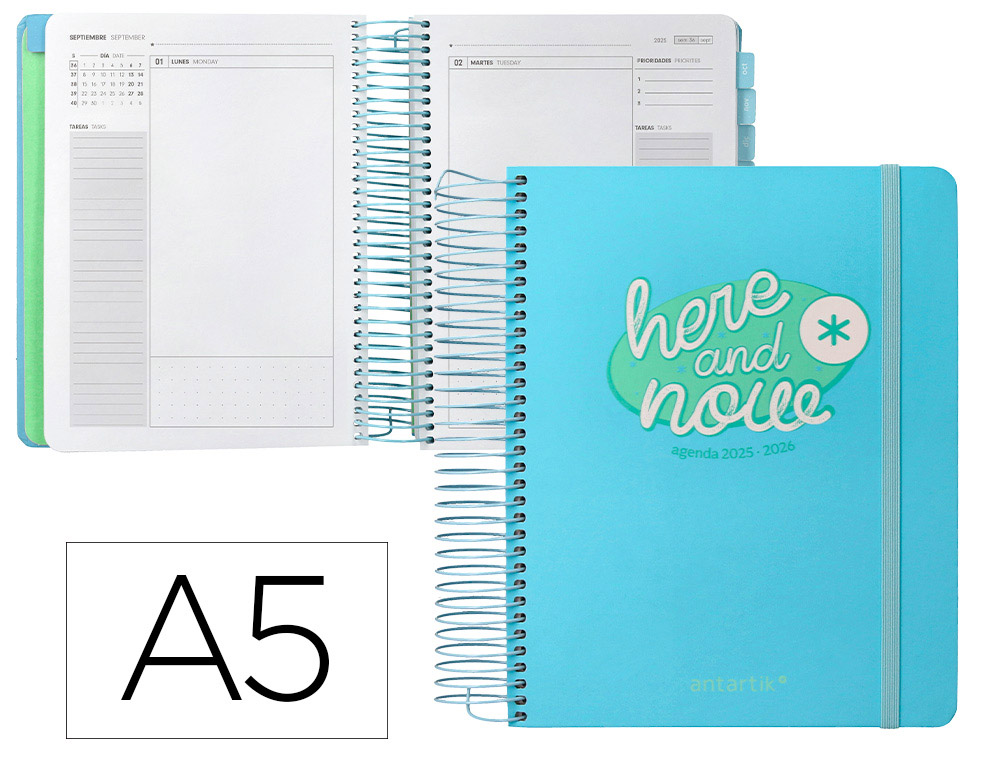 AGENDA ESCOLAR ANTARTIK 25-26 ESPIRAL HERE AND NOW AZUL DIA PAGINA A5 BILINGE PAPEL FSC 80 GR 80 GR