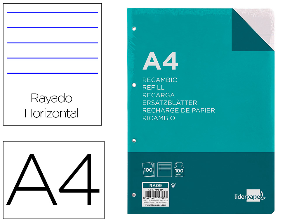 RECAMBIO LIDERPAPEL A4 100 HOJAS 100 G/M2 RAYADO HORIZONTAL CON MARGEN 4 TALADROS